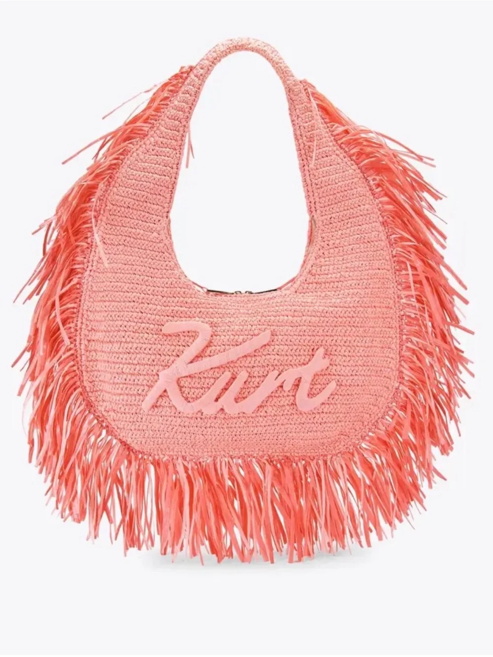 Kurt Geiger Coral Pink Raffia Fringe Hobo Bag